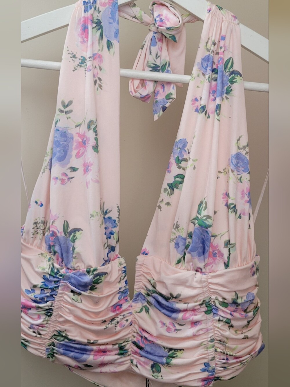 Pink Floral Halter Romper with Blue Rose Print